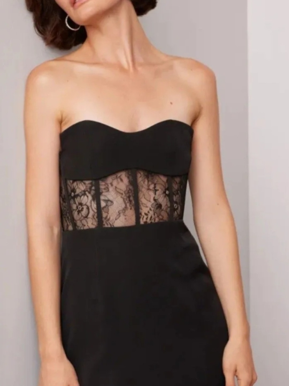 Elle Zeitoune 'Elliot' Dress, Strapless Black Lace-Panel Midi, NWOT, MSRP $350